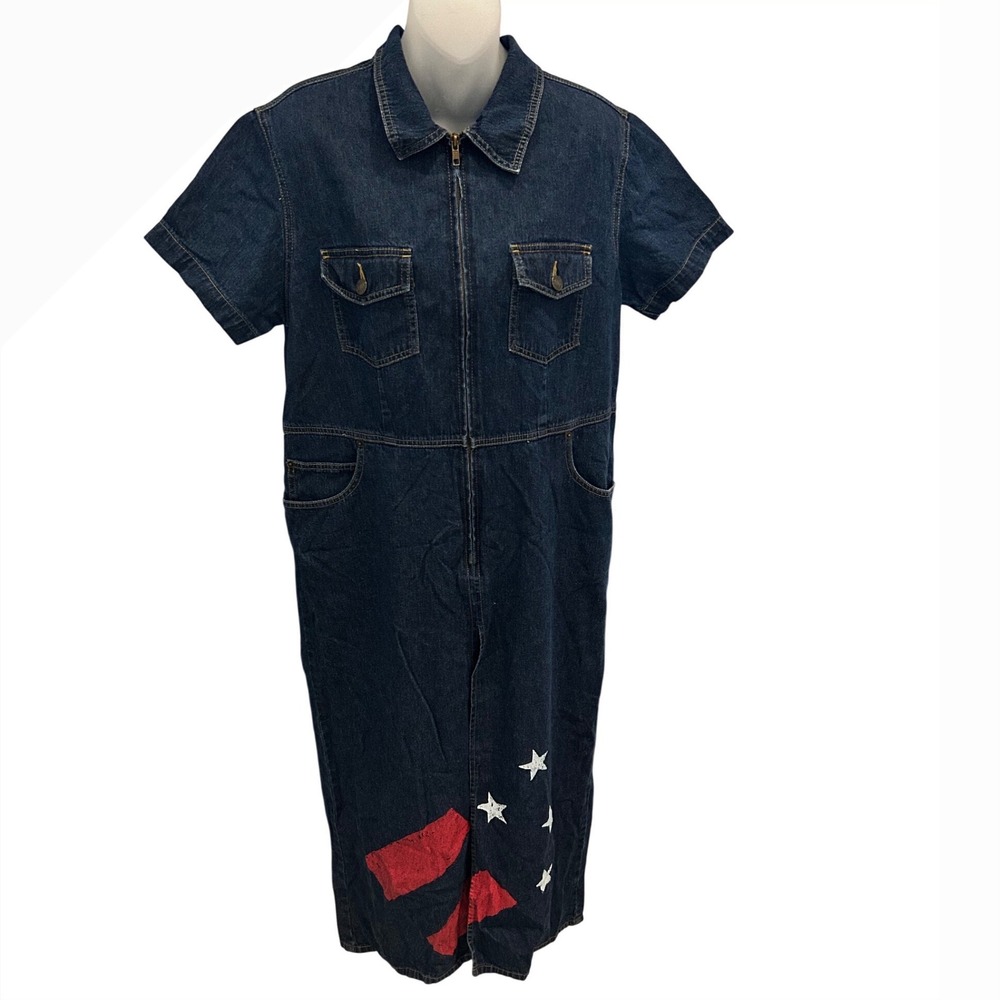 Jamie Nicole Collection Denim‎ Jumpsuit Dress Patriotic Stars Stripes Zipper XL
